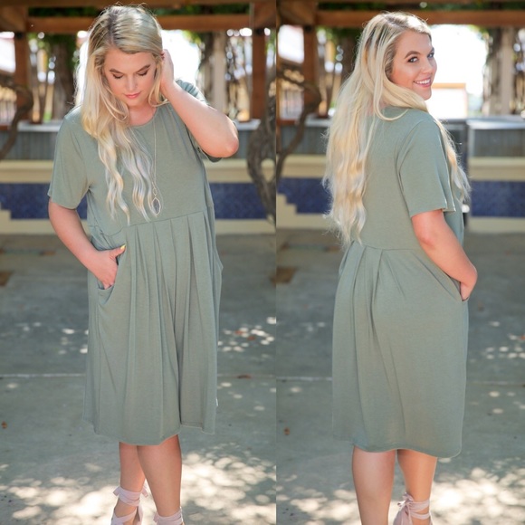 PLUS Olive Short Sleeve Pleated Dress - Picture 3 of 3